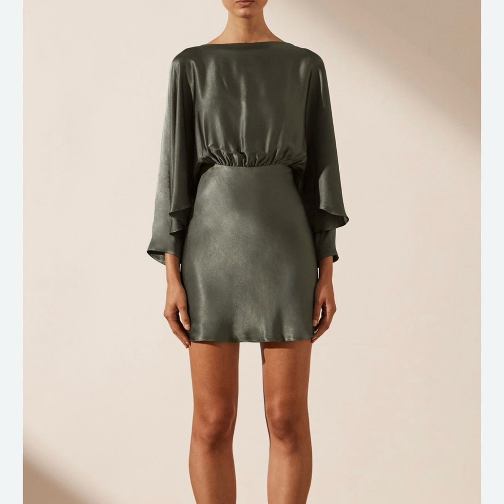 Shona Joy La Lune Open Back Curved Sleeve Mini Dress – Olive